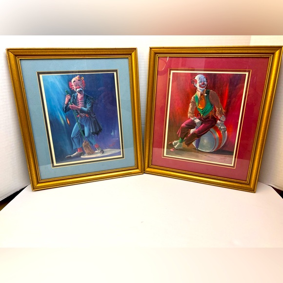 Clown Prints by Jon Rigsby Set Of 2 Blue & Maroon Matted w/Gold Frames Sad/Happy - Picture 1 of 7